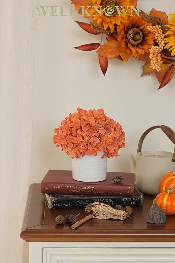 Artificial Hydrangea Flowers in Vase, Fake Flowers with White Ceramic Vase Small Faux Pot Floral Arrangement for Home Desktop plant Kitchen Bathroom Coffee Table Centerpiece Decor (Burnt Orange)