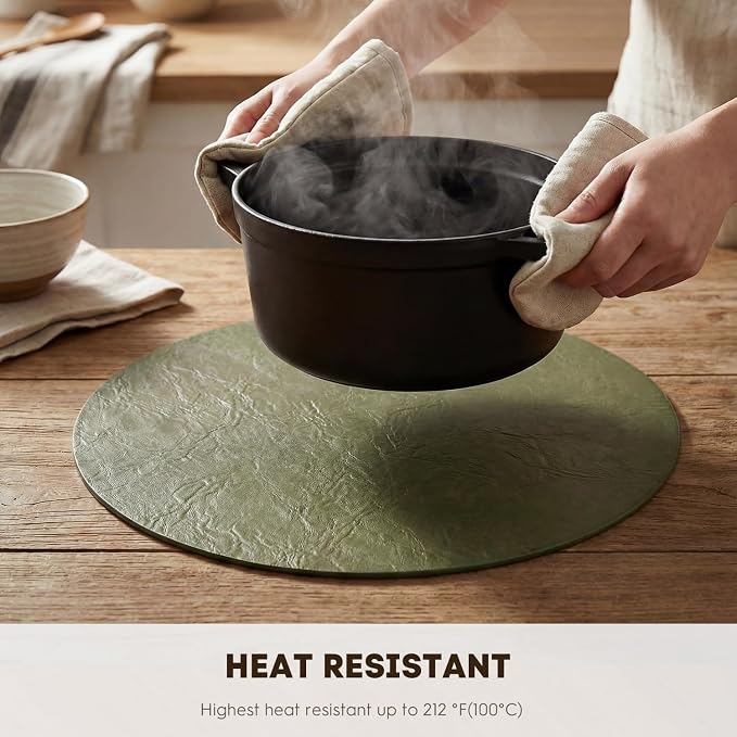 Artoid Mode Olive Green Faux Leather Placemats Set of 12, 15 Inch Waterproof Wipeable Heat Resistant Vinyl Place Mats, Reversible Table Mats for Kitchen Dining Decor