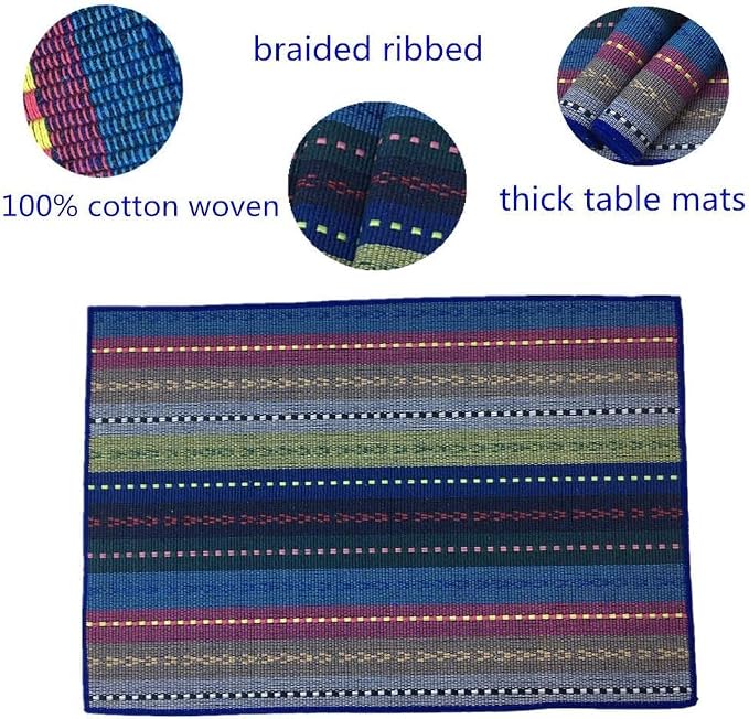 WAZAIGUR Hand Woven with 100% Cotton Placemats Colorful Placemats Braided Ribbed Durable Heat-Insulation Table Mats Set of 6,Blue