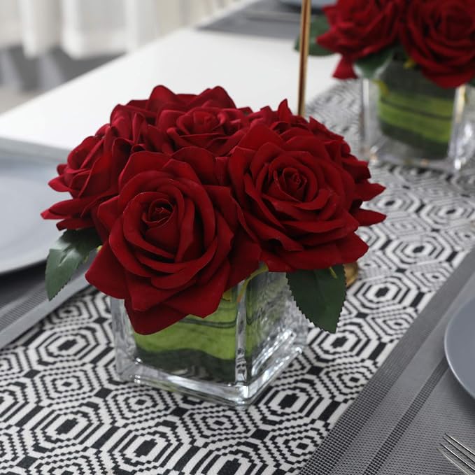 Fule Artificial Velvet Rose Flower Centerpiece Arrangement in vase for Home Wedding Decoration (Burgundy)