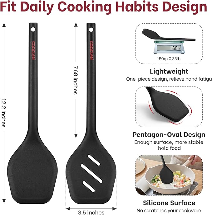 Pack of 2 Silicone Spatula Set, Durable One-Piece Design Heat Resistant BPA-Free Silicone Kitchen Spatulas for Non-Stick Pans, Solid & Slotted Spatula Turner Ideal for Flipping, Frying, Black