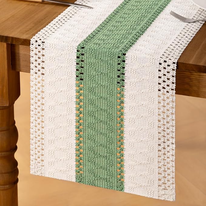 MLMC Sage Green Boho Table Runner Farmhouse Macrame Woven Table Runner 48 inch Long Rustic Cotton Linen Blend Table Decor for Dinning Kitchen Wedding Bridal Shower Eveyrday Use 12x48 Inch
