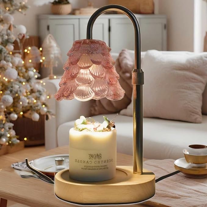 Chritsmas Tree Lampshape Candle Warmer Lamp with Adjustable Height, Aroma Candle Warmer with Timer and Dimmer, Wooden Base Glass Wax Warming Lamp, Women's Gifts(Tree Pink)