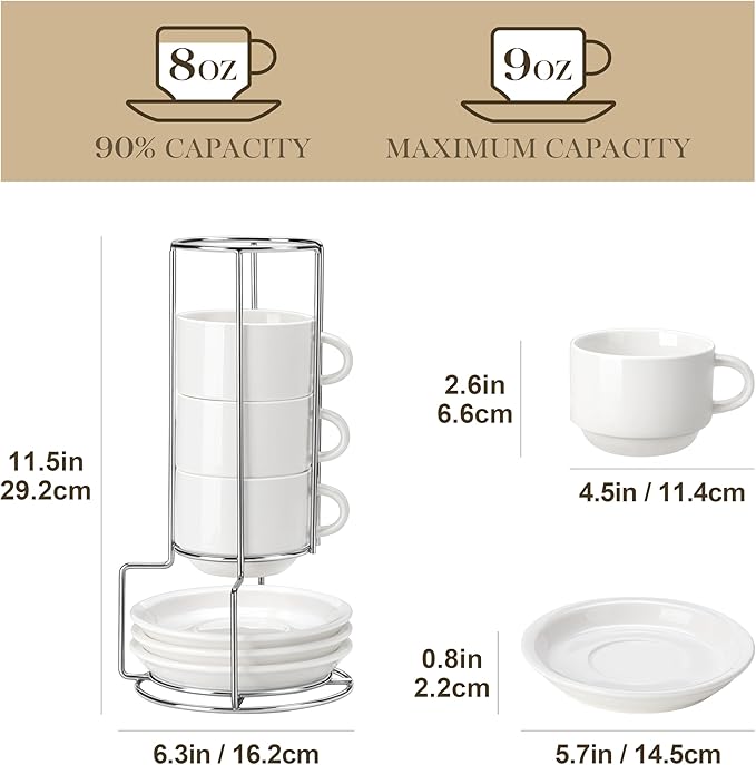 MALACASA 8 OZ Porcelain Espresso Cups with Saucers and Metal Stand Set of 4, Stackable Cappuccino Cups, White Expresso Shots Cup Set for Coffee Drinks, Latte, Tea