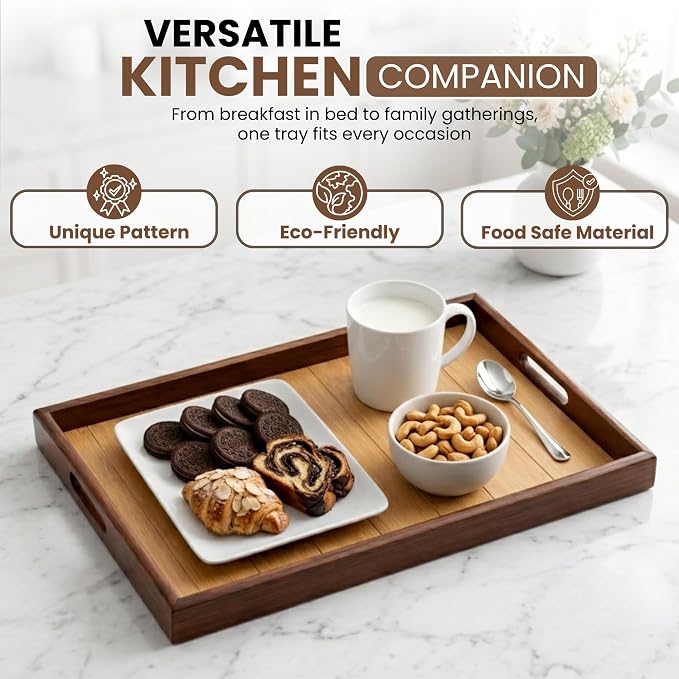 Bamboo Serving Tray with Handles (16 Inches) - Wooden Ottoman Tray for Coffee Table, Breakfast in Bed, Charcuterie - Decorative Food Tray for Living Room, Kitchen and Home Decor