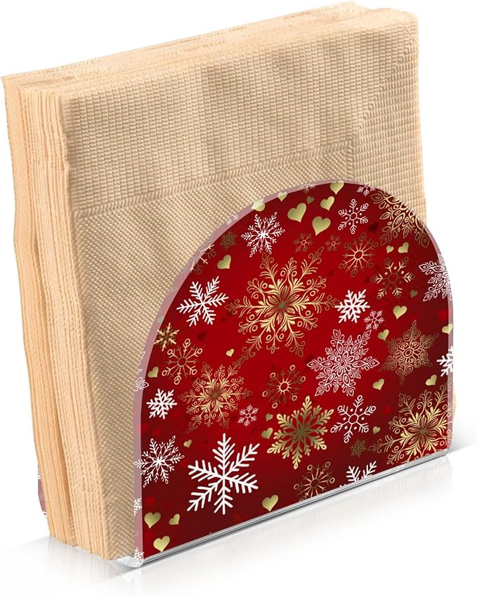 Red Gold Snowflakes Christmas Napkin Holder for Tables Paper Cocktail Napkin Holders for Kitchen and Dinning, Acrylic Dinner Napkin Dispenser for Restaurant Home Decor Bar Accessories 1 Pack