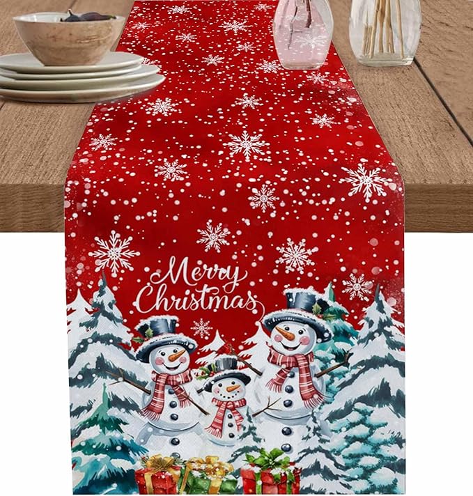 Christmas Table Runner - 72 Inch Long, Snowman Dining Tablerunner Xmas Tree Kitchen Dresser Scarves, Winter Snowflake Farmhouse Red Merry Christmas Decor for Coffee Table Wedding Party Banquet