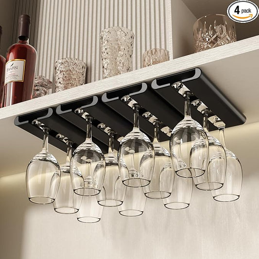 4-Pack Wine Glass Holder - Under Cabinet, No Drilling Installation, Stemware Rack for Kitchen and Bar (Black)