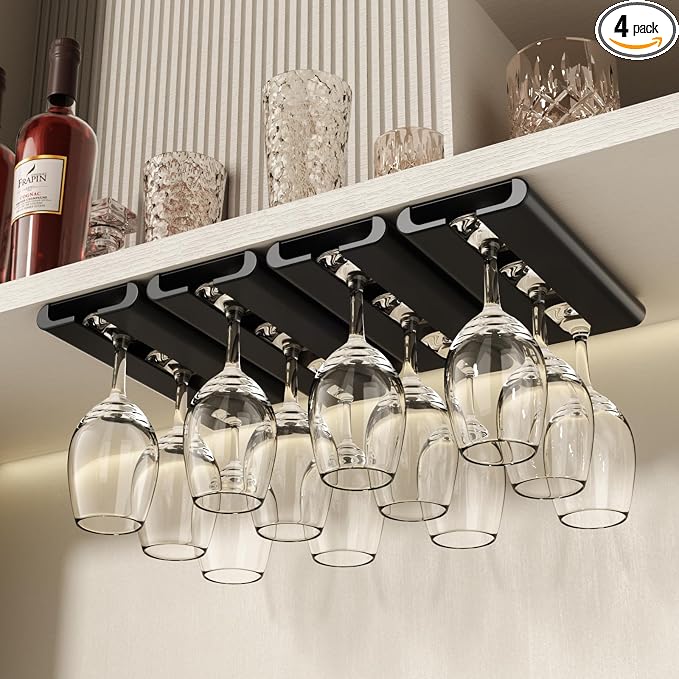Wine Glass holder, 4Pack Wine Glass Rack, Punch-free Wine Glass Holder Under Cabinet, Stemware Rack for Kitchen and Bar (Black)