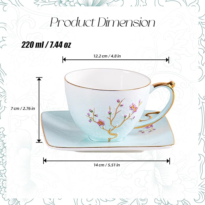 KAMMAK Tea Cups and Saucers Set of 2, Fine Bone China Coffee Cups, Stackable Espresso Mugs, Ceramic Demitasse for Coffee, Cappuccino, Latte, Americano, Tea, Golden Plum (White + Blue)