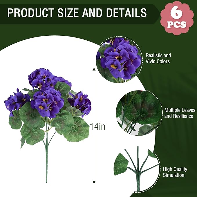 Hananona Artificial Geranium Flowers for Outdoors Geranium Silk Flowers Outdoor UV Resistant Garden Plants Faux Flowers for Home Kitchen Table Centerpieces Decor (6, Purple)