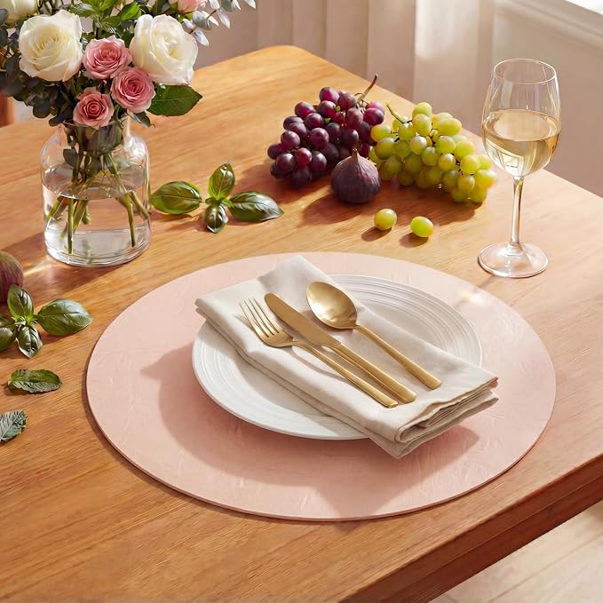 Artoid Mode Pink Faux Leather Placemats Set of 4, 15 Inch Waterproof Wipeable Heat Resistant Vinyl Place Mats, Reversible Table Mats for Spring Kitchen Dining Decor
