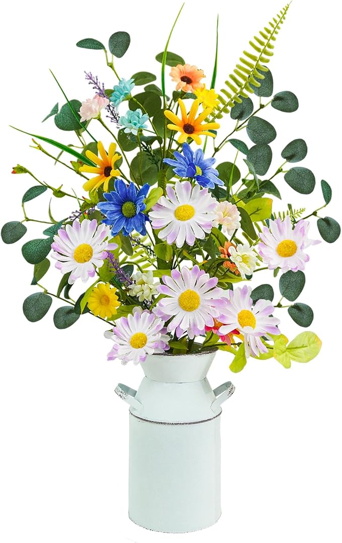 Krissing Fake Flowers with Vase, 23" Tall Faux Floral Arrangement in Metal Pot Silk Artificial Wild Yellow Flowers Greenery Stems for Table Centerpieces Home Dining Room Spring Decor