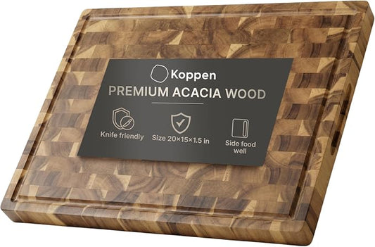 Koppen Acacia Wood End Grain Cutting Board, Knife-Friendly Butcher Block with Juice Groove, Inner Handles, Reversible Heavy-Duty Serving & Chopping Board, Gift Box Included, Size 20 x 15 x 1.5in