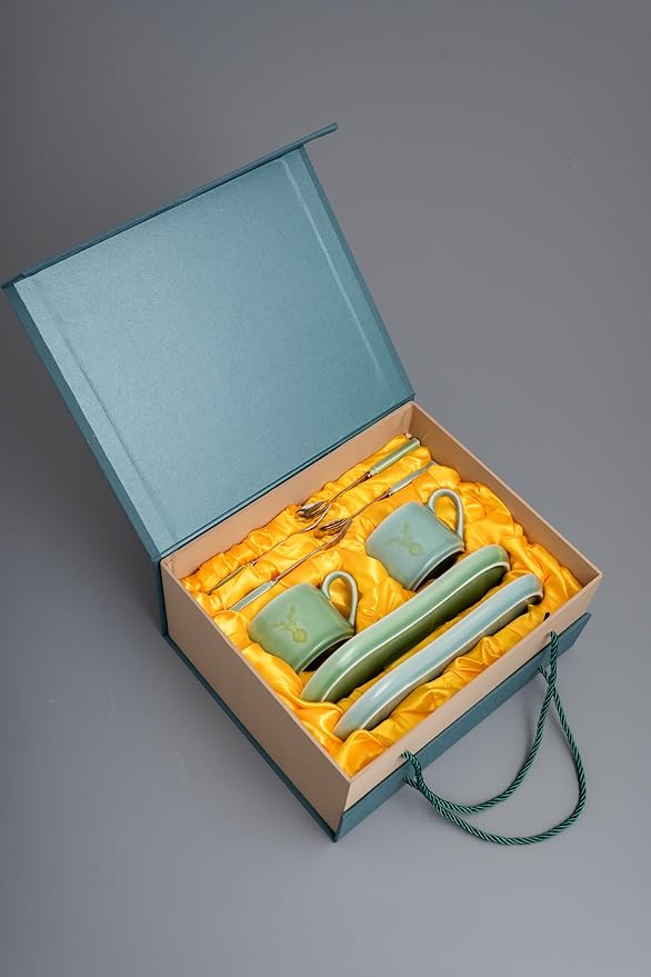 Longquan UNESCO Heritage Celadon Coffee Set Double-Glazed – Handcrafted Song Dynasty, Sky Blue & Plum Green Glaze, 310ml 4-Piece Set with Spoon & Fork, Gift Box (1, BLUE)