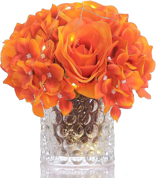Rose Silk Flower Arrangement Artificial Vivid Rose in Glass Vase with LED Light Elegant Centerpiece for Home Wedding Bathroom Table Shelf Decoration (Orange)