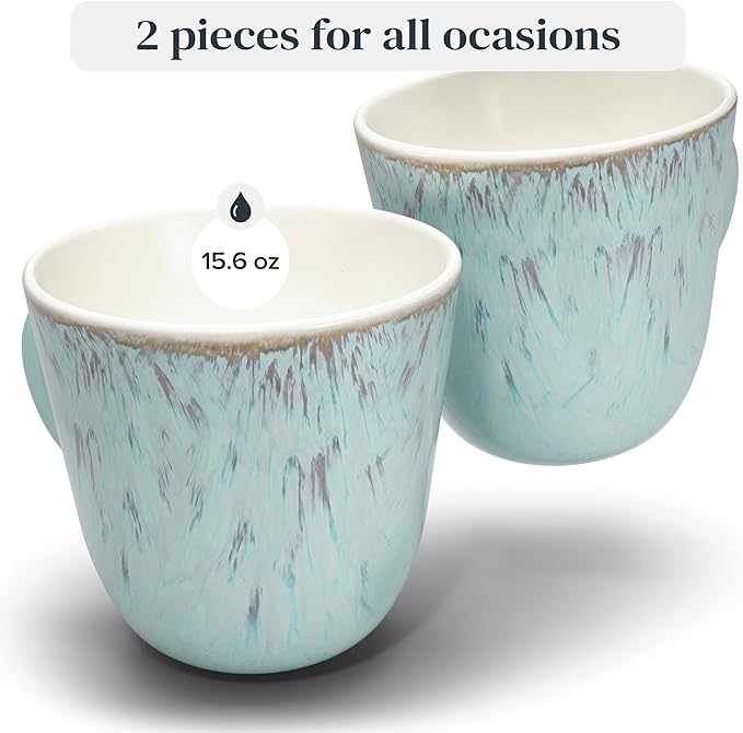 PURE LIVING INTERIOR DESIGN Stoneware Coffee Mugs Set of 2, Modern Beige-Blue, 14.5 Oz, Ceramic, Dishwasher & Microwave Safe
