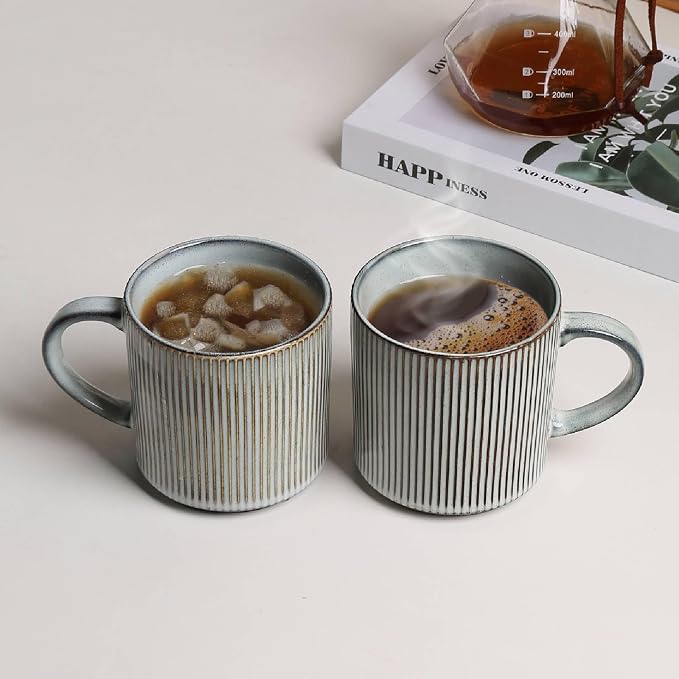 MONITO 16Oz Coffee Mugs Set of 4, Rustic Ceramic Coffee Cups Set with Large Handle, Vintage Striped Stoneware Coffee Mugs for Latte, Cocoa, Tea, Milk, Microwave & Dishwasher Safe, Smoky Blue