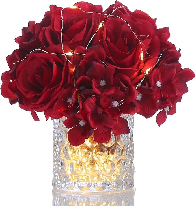 Rose Silk Flower Arrangement Artificial Vivid Rose in Glass Vase with LED Light Elegant Centerpiece for Home Wedding Bathroom Table Shelf Decoration (Dark Red)