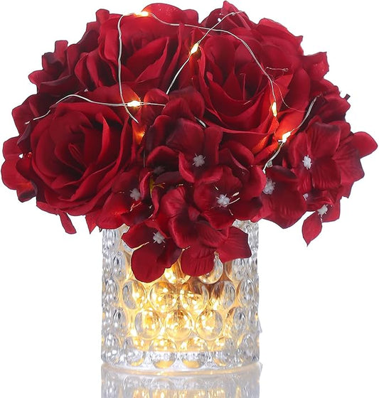 Rose Silk Flower Arrangement Artificial Vivid Rose in Glass Vase with LED Light Elegant Centerpiece for Home Wedding Bathroom Table Shelf Decoration (Dark Red)