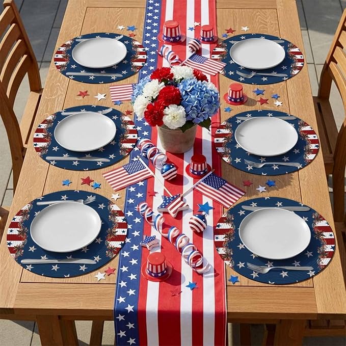 4th of July Round Placemats Set of 4 Rustic Star Stripes Place Mats Independence Day Woven Placemat Red White and Blue Circle Braided Table Mat for Kitchen Dining Table Holiday Party Decor 15 Inch