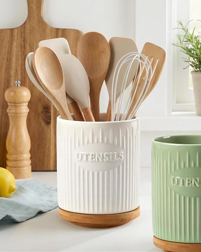 360° Rotating Utensil Holder, 7.6" Large Ceramic Kitchen Utensil Holder for Countertop with Rotatable Bamboo Base, Stable Cooking Utensil Crock, Farmhouse kitchen Decor, White