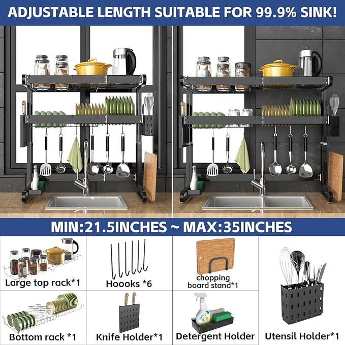 MINGLING Over The Sink Dish Drying Rack, Full Stainless Steel Large Storage Kitchen Dish Rack, 2 Tier Expandable Height and Length, Black 21.5"~37" W x 25"~30" H x 11.8" D