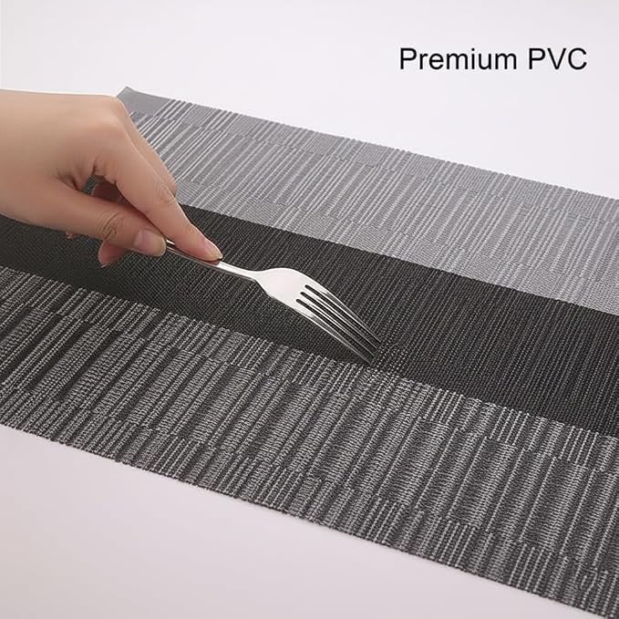 Wipeable PVC Vinyl Woven Table Placemat,Set of 6,Heat-Resistant Dining Mats for Kitchen, Indoor Outdoor Use,12×17 Inch,Silver Gray Gradient