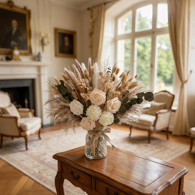 Indoor Artificial Dried Flowers with Vase for Table Top Decor,Natural Dried Pampas Grass Bouquet Faux Flowers in Vase for Wedding,Home,Kitchen,Rustic Decoration (Natural Champagne)