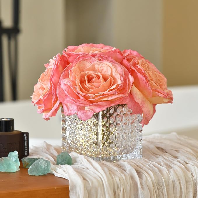 Artificial Rose in Glass Vase Vintage Silk Flower Arrangement with LED Light for Table Centerpiece Home Wedding Decoration (Coral Pink)