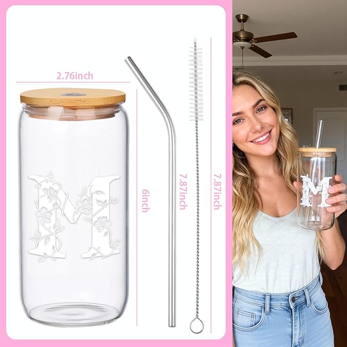 Personalized Gifts for Women, Monogrammed Glass Cups with Lids and Straws, Customized Gifts for Women, Cute Design Initial Iced Coffee glasses, Custom Letter Mug, Birthday Bridesmaid,P
