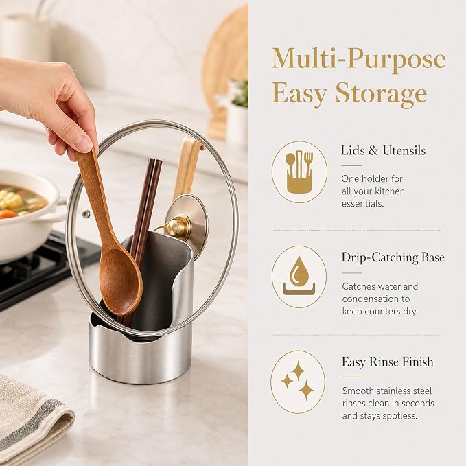 Multi-functional Kitchen Utensil Holder, Stainless Steel Cooking Utensil Holder for Countertop, Space-Saving Vertical Spoon Spatula Organizer for Pot Lids, Ladles, Spatulas & Cutting Boards (1Pcs)