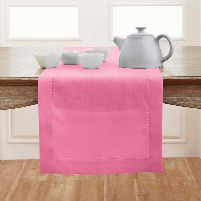 Solino Home Linen Flamingo Pink Table Runner 144 Inches Long - 100% Pure Linen Extra Long Table Runner 14 x 144 Inch for Summer - Classic Hemstitch
