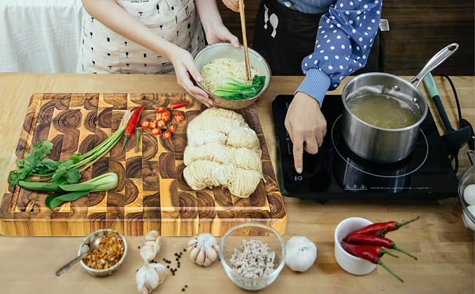 Acacia End Grain Cutting Board (17x13x1.5in), Butcher Block - Reversible Multipurpose Chopping Board with Juice Groove, Cracker Holder & Inner Handles
