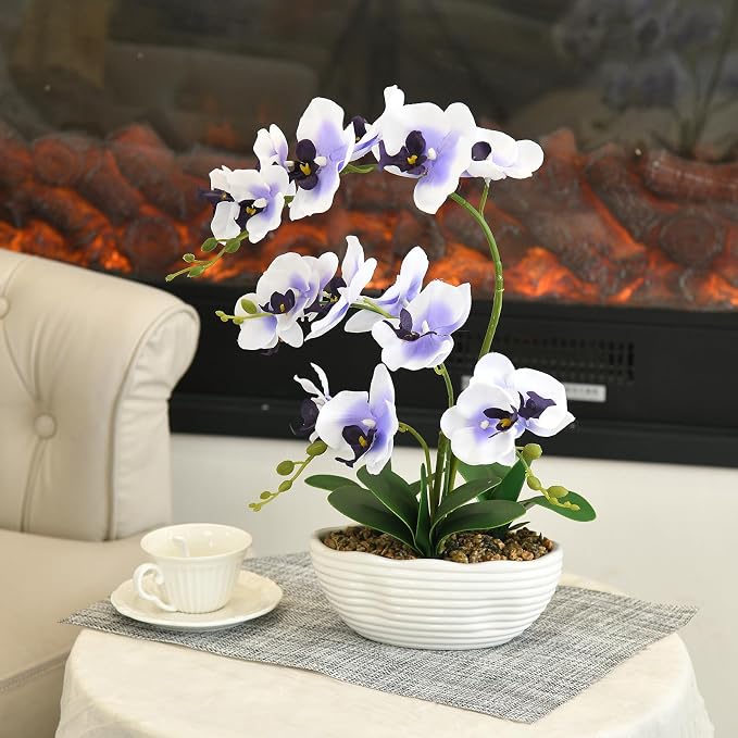 19" H Phalaenopsis Faux Orchid Plant Silk Orchid Centerpiece Artificial Floral Arrangement in Ceramic Pot (White and Purple)