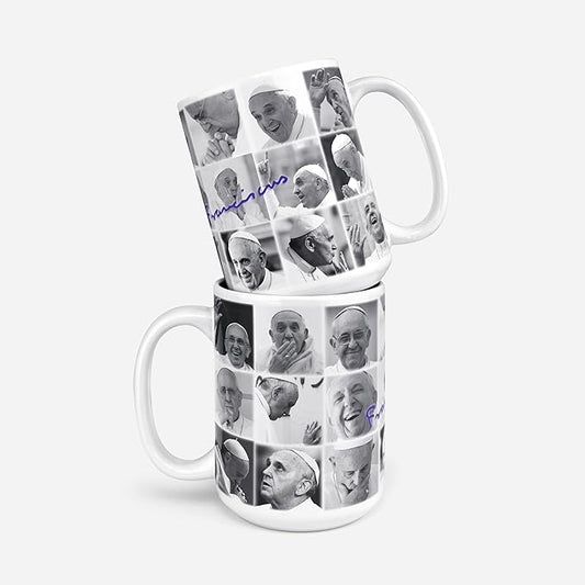 The Many Faces of Pope Francis Mug – 15 oz | Funny Catholic Coffee Cup | Papal-Themed Drinkware | Unique Gift for Catholics