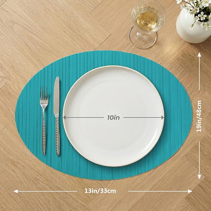 AHHFSMEI Oval Placemats Set of 6 Woven Vinyl Non-Slip Heat Resistant Stain Resistant Easy Clean Place mats for Dining Table(Turquoise)