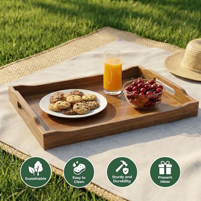 2 Pack Acacia Wood Serving Trays - Rectangular Food-Grade Wooden Trays for Kitchen, Dining, Party, Breakfast, Snack & Decor