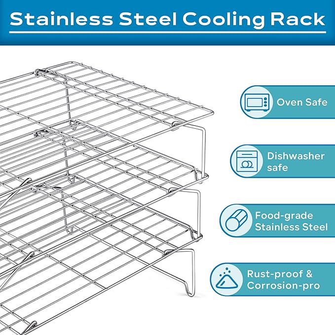 15IN x 10IN Cooling Baking Rack Set of 3, Leonyo 3-Tier Stackable Stainless Steel Wire Baking Cooking Racks Set for Cookie, Pizza, Cup Cake, Raised & Folding Feet