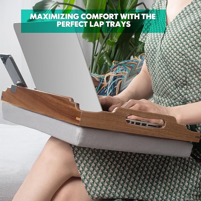 DRELIFAM Lap Desk with Cushion,Wooden Bed Tray Table for Eating,Lap Tray in Recliner,Breakfast Tray,TV Dinner Bed Food Trays (2 Acacia Wood A with 1 Basket)