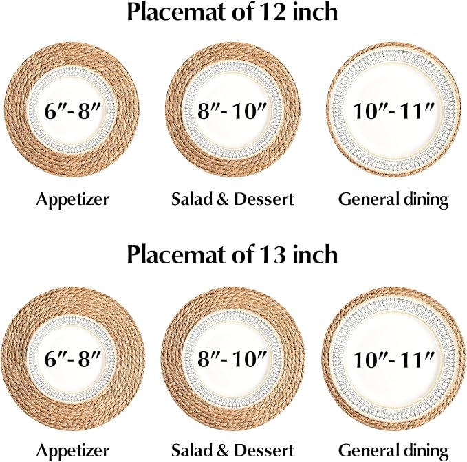 Round Woven Placemats - Boho Rattan Placemats Natural Water Hyacinth Farmhouse Weave Place Mats, Rustic Braided Wicker Table Mats for Dining Table,Home,Wedding (12 inch Set of 6)