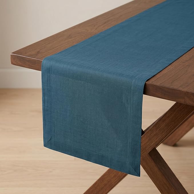 Solino Home Linen Table Runner 60 Inches - 100% Pure Linen Peacock Blue Table Runner 14 x 60 Inch Ideal for Dresser and Coffee Tables - Fete