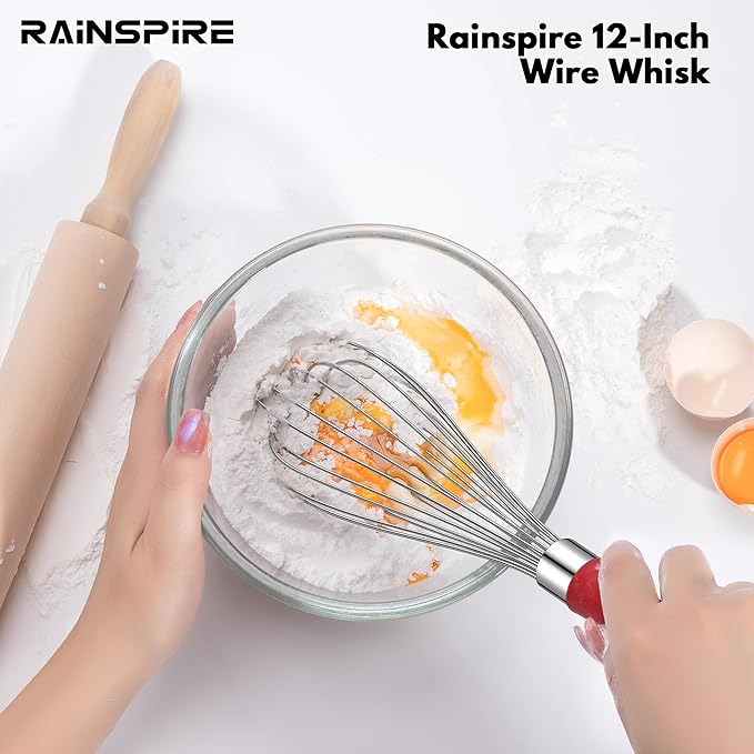 Rainspire 12-Inch Wire Whisk Stainless Steel, Balloon Whisks for Cooking, Wisk Wisking Tool With Soft Silicone Handle, Thick Durable Whisker for Blending, Beating, Whisking, Stirring, Red