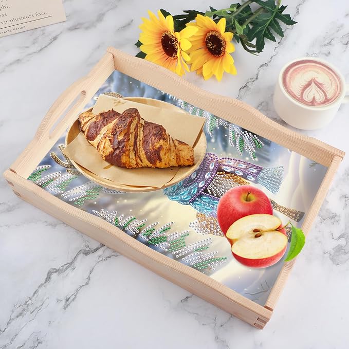 DIY Diamond Serving Tray Rectangular Breakfast Tray with Handle Handmade Diamond Art Painting Wooden Tray for Dinner Plate Coffee Room Living Home Organizer-Deer