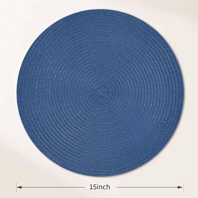 FunWheat Round Braided Placemats Set of 6 Place mats for Dining Tables Woven Heat Resistant Table Mats 15 inch (Blue,6pcs)