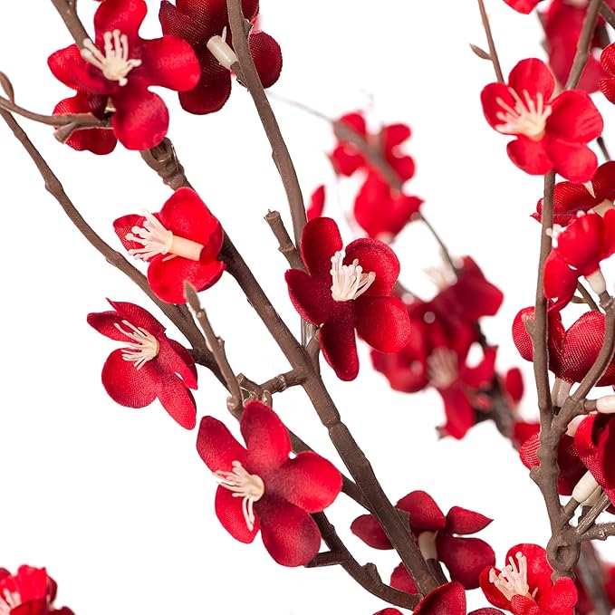 Ammyoo 4Pcs Cherry Blossom Branches Artificial Flowers for Spring Summer Indoor Decoration,Faux Long Stem Artificial Flowers for Wedding Home Office Bedroom Party Table Centerpieces Decor(Red)