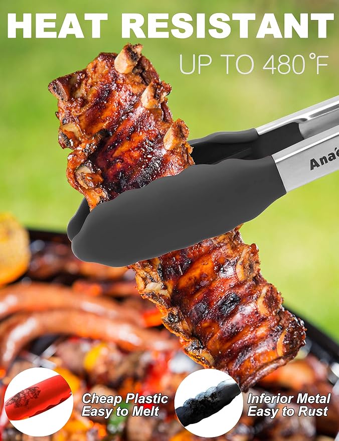 Anaeat Non-Stick Silicone Locking Tong - Stainless Steel 7" Mini Kitchen Food Tongs with Non-Slip Silicone Tips and Grip for Cooking, Baking and BBQ - Heat Resistant up to 480°F (Black)