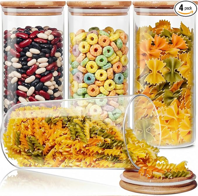HomArtist Glass Jars with Bamboo Lids 53 FL OZ [Set of 4], Glass Canisters with Airtight Lids, Glass Food Storage Containers for Pasta, Oats, Coffee, Flour, Sugar, Rice, Best for Kitchen & Pantry