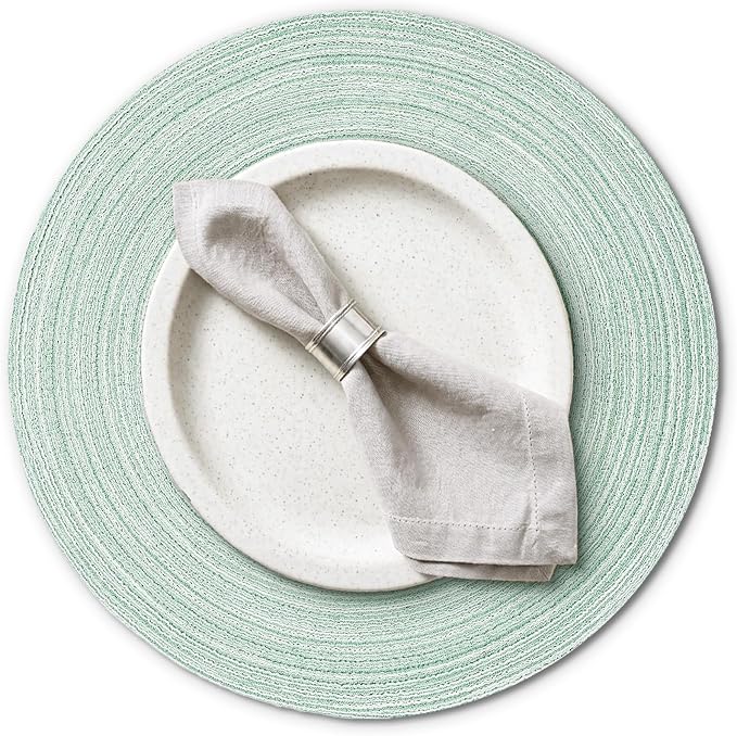 AHHFSMEI Round Braided Placemats Set of 6 Woven Table Mats for Dining Table Heat Resistant Easy to Clean Perfect for Kitchen & Home Decor (Fog Green)