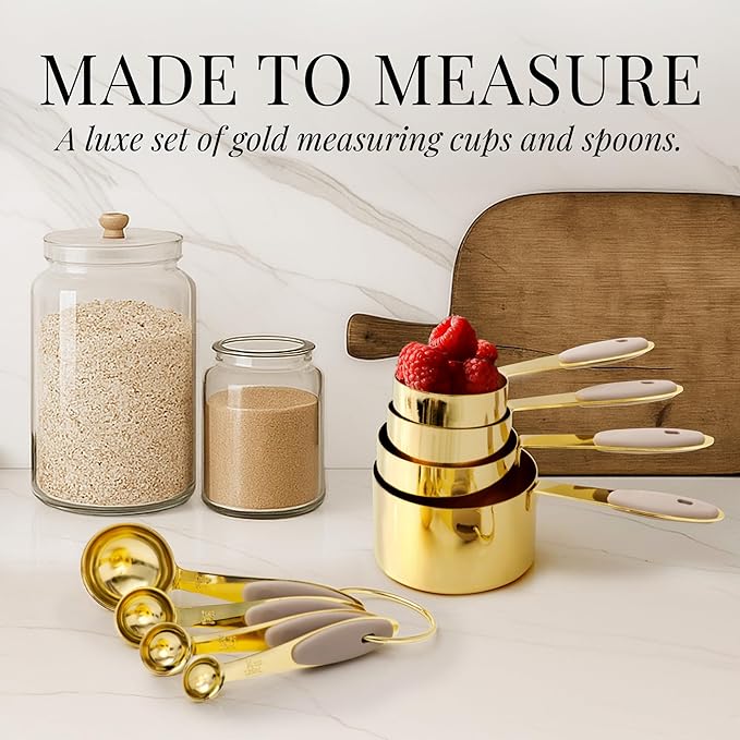 Gold Measuring Cups and Spoons Set – 8-Piece Brass Measuring Set with Beige Silicone Handles for Comfortable Grip – Stainless Steel, Stackable, Gold Kitchen Accessories for Baking & Cooking
